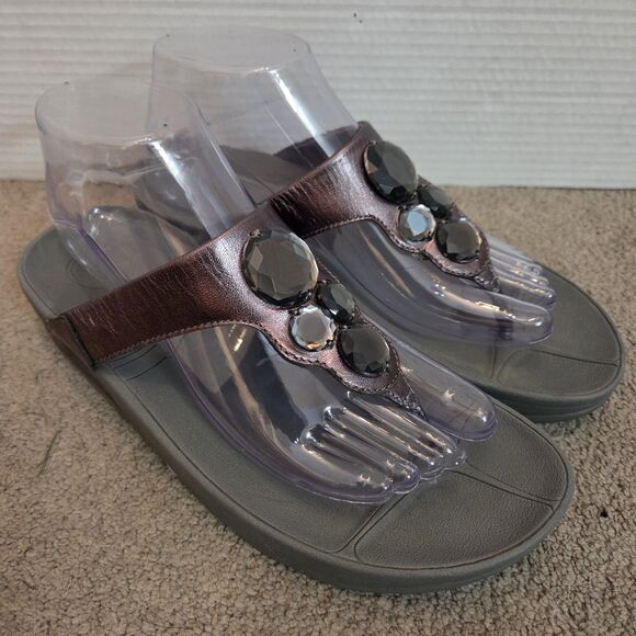 FitFlop Lunetta Style 181-054 Grey Leather Jeweled Sandals Size 8 - Picture 7 of 12